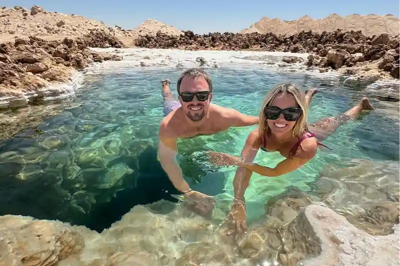 Paesaggio desertico con palme e sorgente naturale, perfetto per una guida