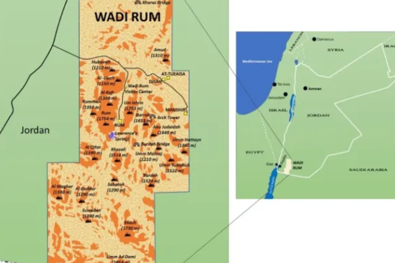 Mappa e paesaggio che mostrano dove si trova il Wadi Rum
