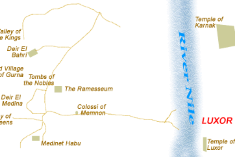 Posizione del Tempio di Medinet Habu sulla riva occidentale del Nilo a Luxor.